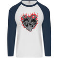 Biker Heart Motorbike Motorcycle Mens L/S Baseball T-Shirt White/Navy Blue