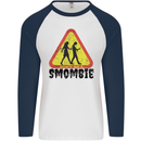 Smombie Antisocial Phone Smartphone Addict Mens L/S Baseball T-Shirt White/Navy Blue