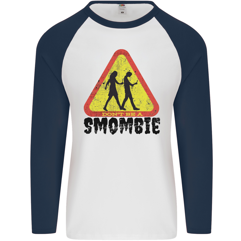 Smombie Antisocial Phone Smartphone Addict Mens L/S Baseball T-Shirt White/Navy Blue