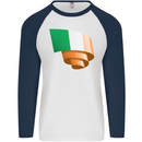 Curled Ireland Flag Irish St Patricks Day Football Mens L/S Baseball T-Shirt White/Navy Blue