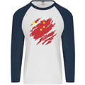 Torn China Flag Chinese Day Football Mens L/S Baseball T-Shirt White/Navy Blue