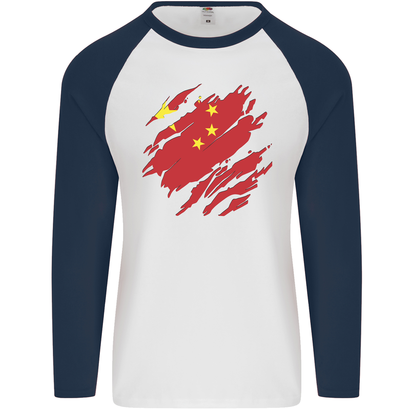 Torn China Flag Chinese Day Football Mens L/S Baseball T-Shirt White/Navy Blue