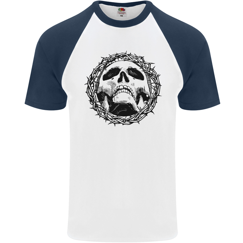 A Skull in Thorns Gothic Christ Jesus Mens S/S Baseball T-Shirt White/Navy Blue