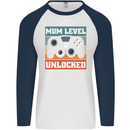 Mum Level Unlocked New Mommy Baby Born Mens L/S Baseball T-Shirt White/Navy Blue