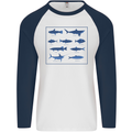 Fish Species Fishing Fisherman Shark Mens L/S Baseball T-Shirt White/Navy Blue