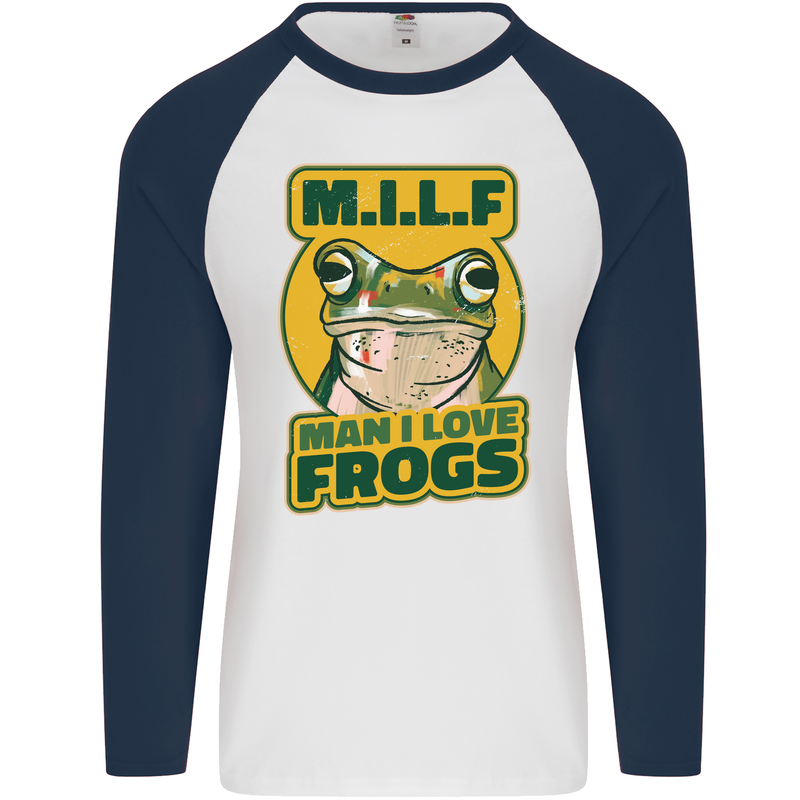 MILF Man I Love Frogs Mens L/S Baseball T-Shirt White/Navy Blue