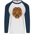 Mandala Art Lion Mens L/S Baseball T-Shirt White/Navy Blue