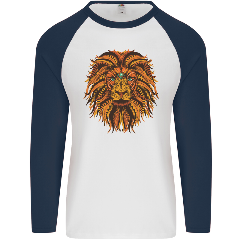 Mandala Art Lion Mens L/S Baseball T-Shirt White/Navy Blue