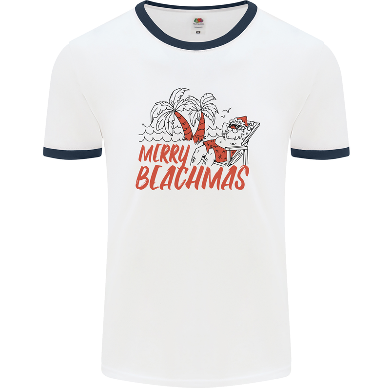 Merry Beachmas Funny Summer Santa Claus Mens Ringer T-Shirt White/Navy Blue