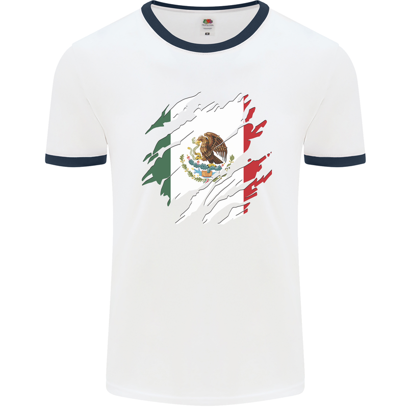 Torn Mexico Flag Mexican Day Football Mens Ringer T-Shirt White/Navy Blue