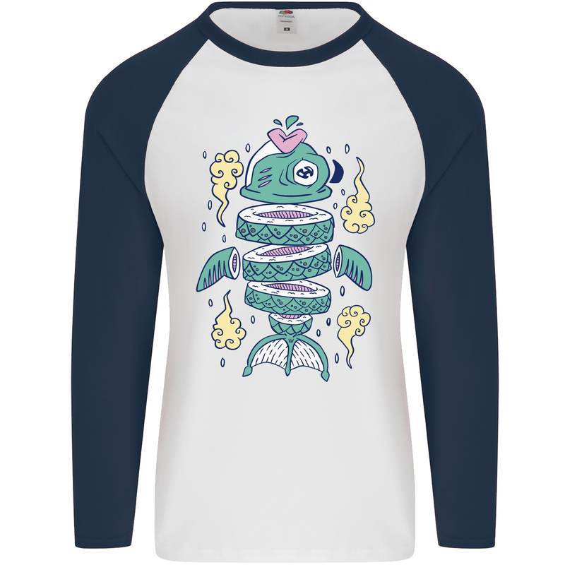 Funny Sliced Sushi Fish Fishing Fisherman Mens L/S Baseball T-Shirt White/Navy Blue