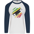 Torn Saint Kitts and Nevis Flag Day Football Mens L/S Baseball T-Shirt White/Navy Blue