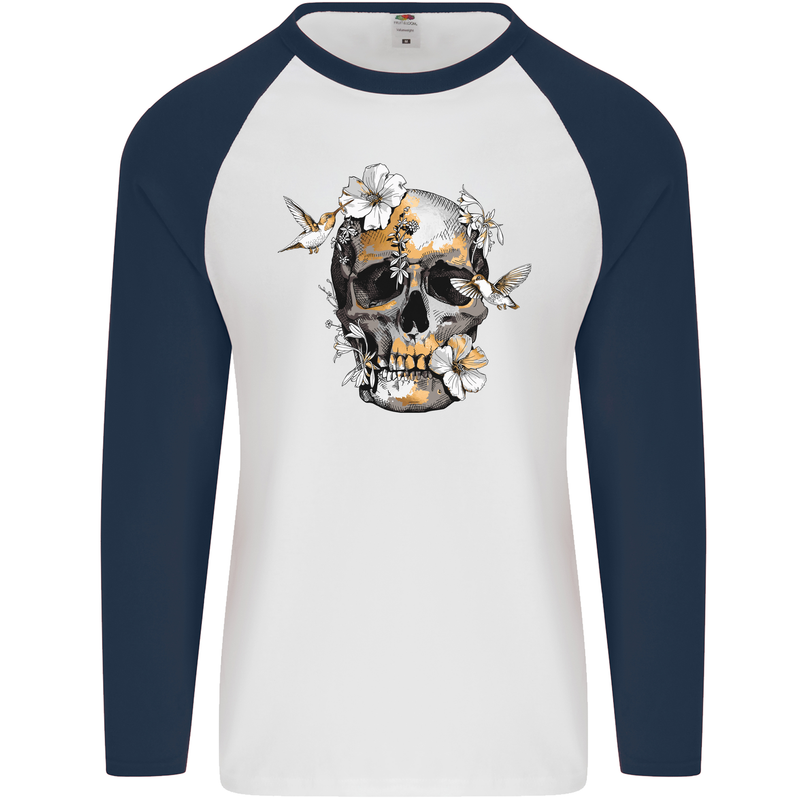 Wildlife Spring Skull Mens L/S Baseball T-Shirt White/Navy Blue