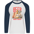 Beer and a Brat Funny Dog Alcohol Hotdog Mens L/S Baseball T-Shirt White/Navy Blue