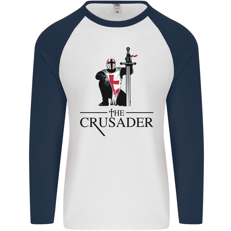 The Cusader Knights Templar St Georges Day Mens L/S Baseball T-Shirt White/Navy Blue