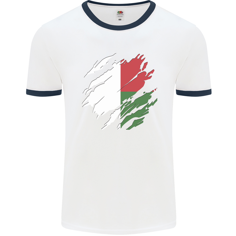 Torn Madagascar Flag Madagascan Day Football Mens Ringer T-Shirt White/Navy Blue