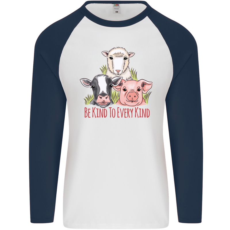 Vegan Kind to Ever Kind Vegetarian Mens L/S Baseball T-Shirt White/Navy Blue