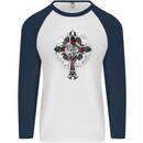 Steampunk Cross Gothic Heavy Metal Biker Mens L/S Baseball T-Shirt White/Navy Blue