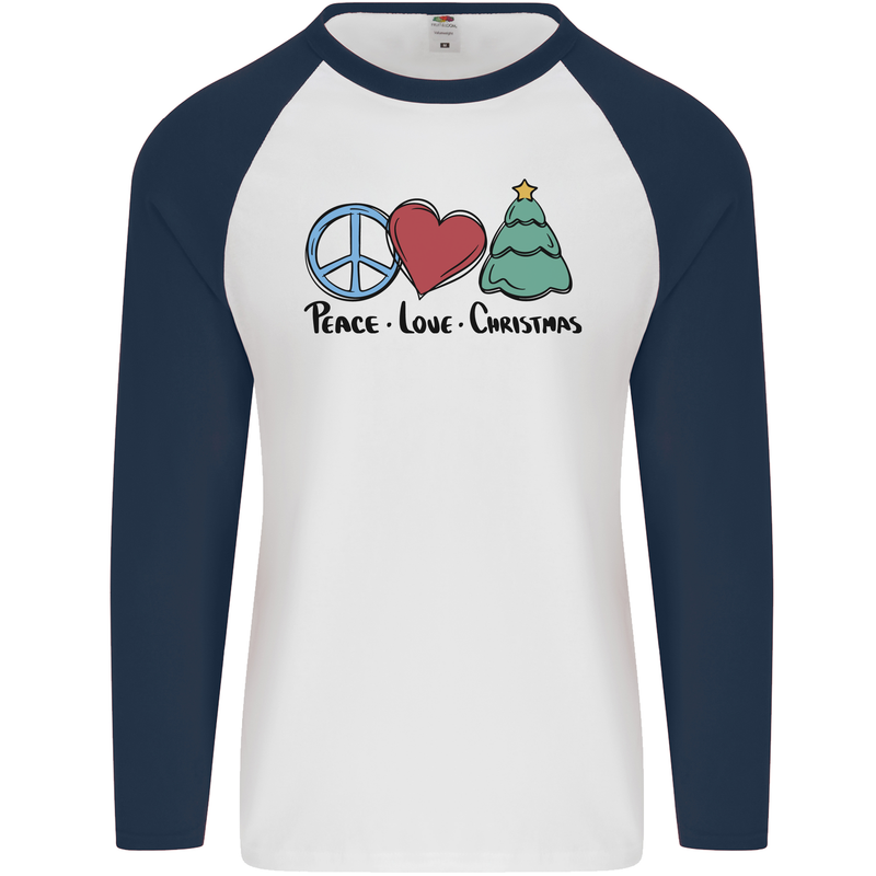 Peace Love Christmas Xmas Mens L/S Baseball T-Shirt White/Navy Blue