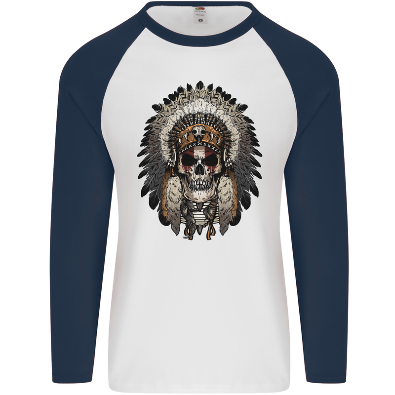 Native American Indian Skull Headdress Mens L/S Baseball T-Shirt White/Navy Blue