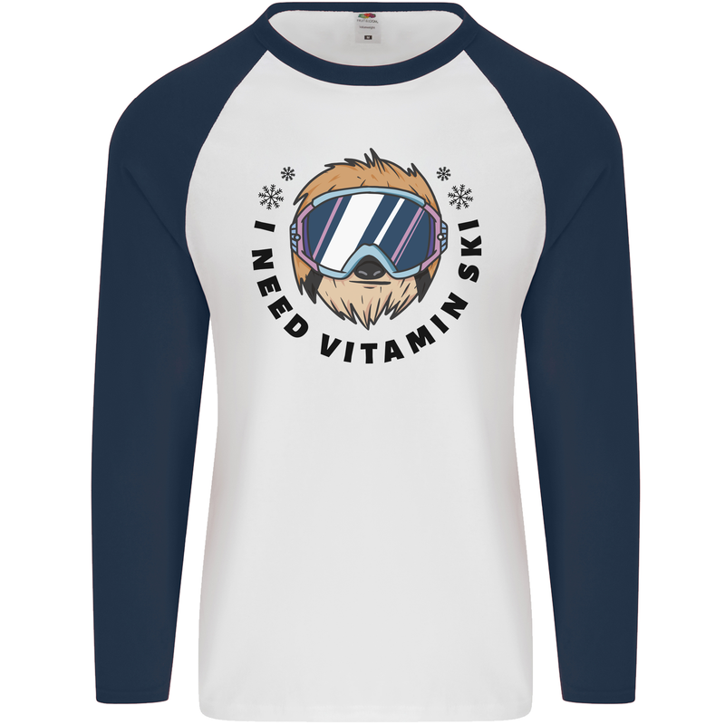 Vitamin Ski Funny Skiing Sloth Mens L/S Baseball T-Shirt White/Navy Blue