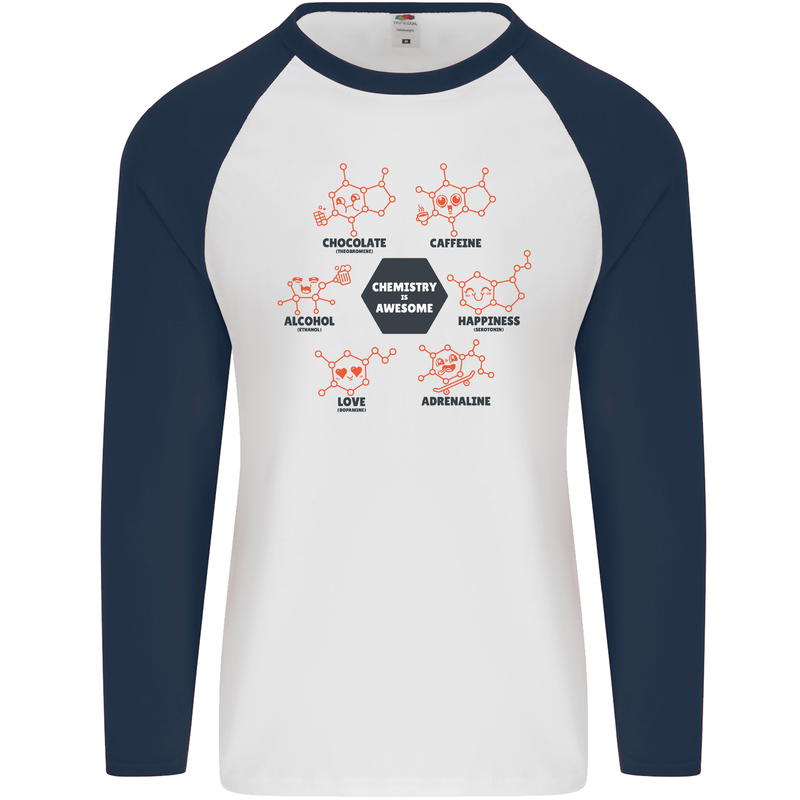 Chemistry is Awesome Alcohol Chocolate Love Mens L/S Baseball T-Shirt White/Navy Blue