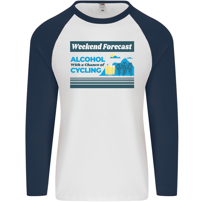 Cycling Weekend Forecast Funny Beer Alcohol Mens L/S Baseball T-Shirt White/Navy Blue