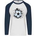 Football Smash Soccer Player Ball Mens L/S Baseball T-Shirt White/Navy Blue