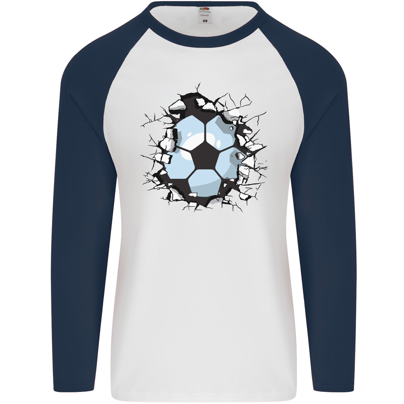 Football Smash Soccer Player Ball Mens L/S Baseball T-Shirt White/Navy Blue