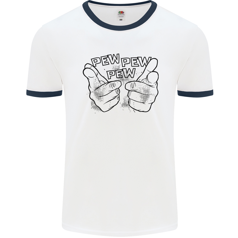Pew Pew Pew Hands Funny Lightsaber Sci-Fi Mens Ringer T-Shirt White/Navy Blue