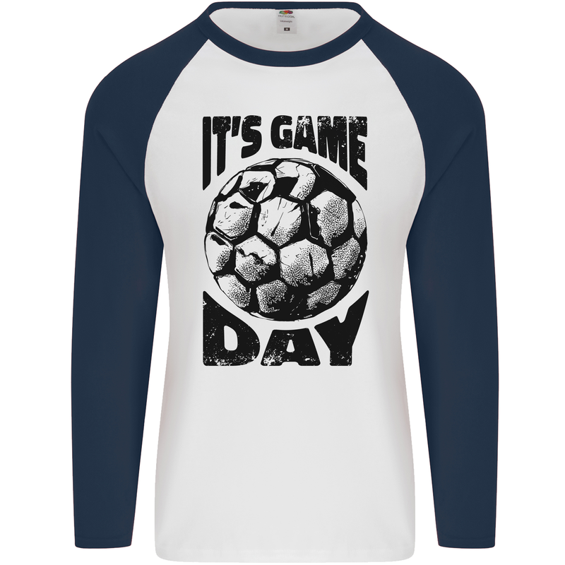 Football Its Game Day Soccer Mens L/S Baseball T-Shirt White/Navy Blue