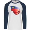Curled Liechtenstein Flag Liechtensteiner Day Football Mens L/S Baseball T-Shirt White/Navy Blue