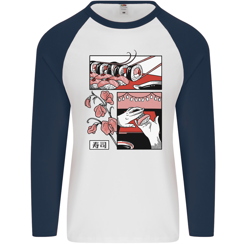 Sushi Mens L/S Baseball T-Shirt White/Navy Blue