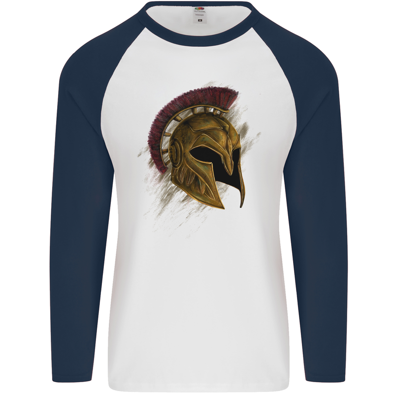 Spartan Helmet Gym Bodybuilding Training Mens L/S Baseball T-Shirt White/Navy Blue