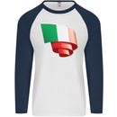 Curled Italy Flag Italians Day Football Mens L/S Baseball T-Shirt White/Navy Blue