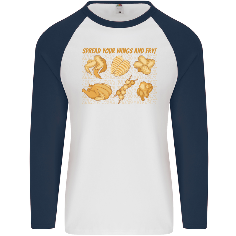 Funny Chicken Humour Chef BBQ Food Cook Mens L/S Baseball T-Shirt White/Navy Blue