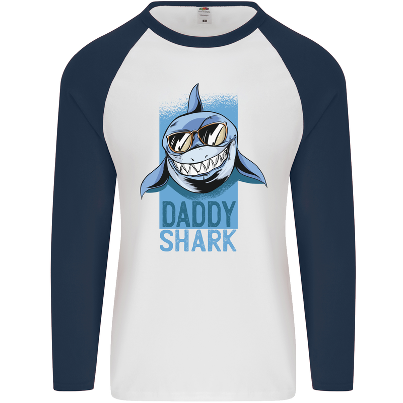 Daddy Shark Funny Father's Day Mens L/S Baseball T-Shirt White/Navy Blue