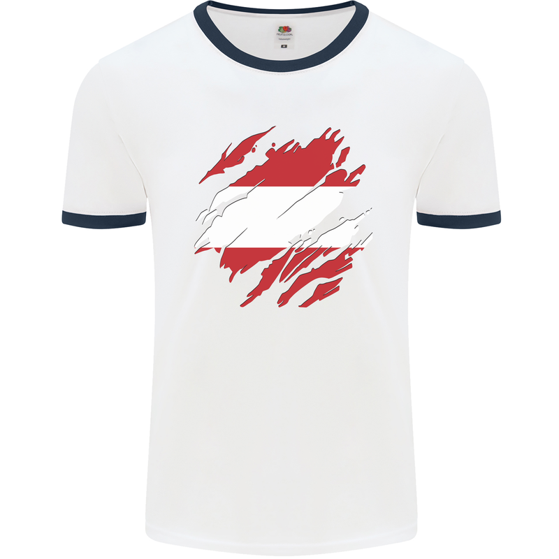 Torn Austria Flag Austrian Day Football Mens Ringer T-Shirt White/Navy Blue