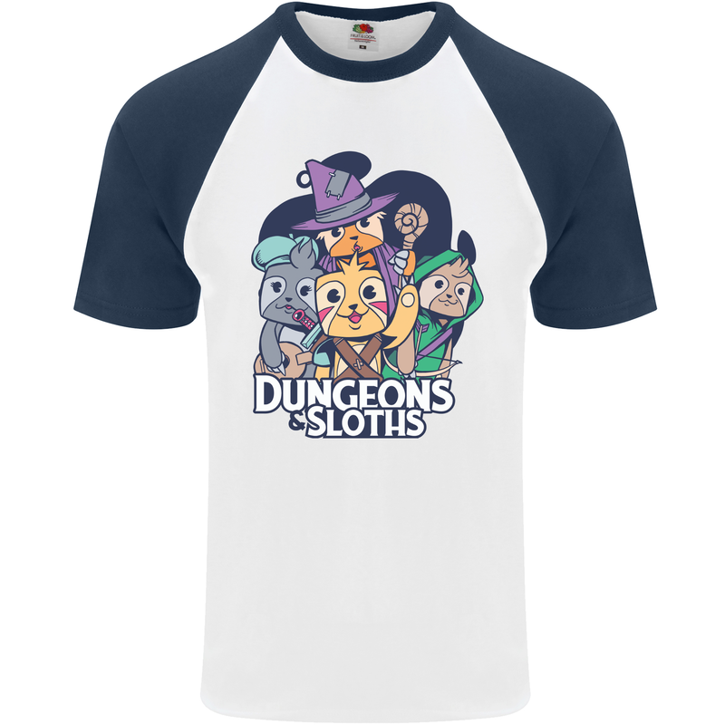 Dungeons & Sloths Role Play Games RPG Mens S/S Baseball T-Shirt White/Navy Blue