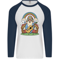 Trippy Guitar Hippy Gnome Magic Mushrooms Mens L/S Baseball T-Shirt White/Navy Blue