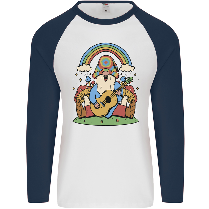 Trippy Guitar Hippy Gnome Magic Mushrooms Mens L/S Baseball T-Shirt White/Navy Blue