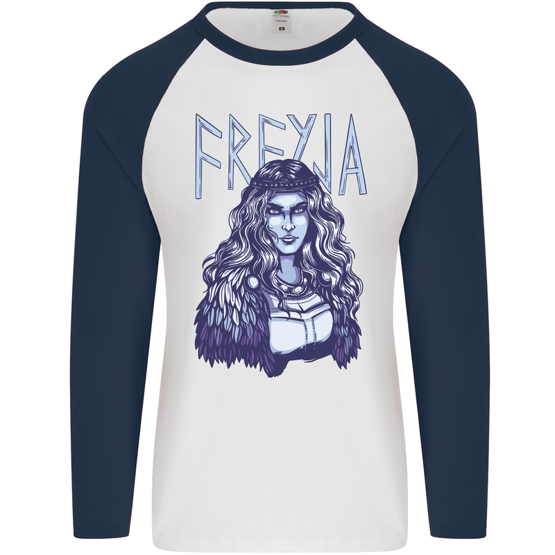 Freyja Norse Goddess Viking Valhalla Mens L/S Baseball T-Shirt White/Navy Blue
