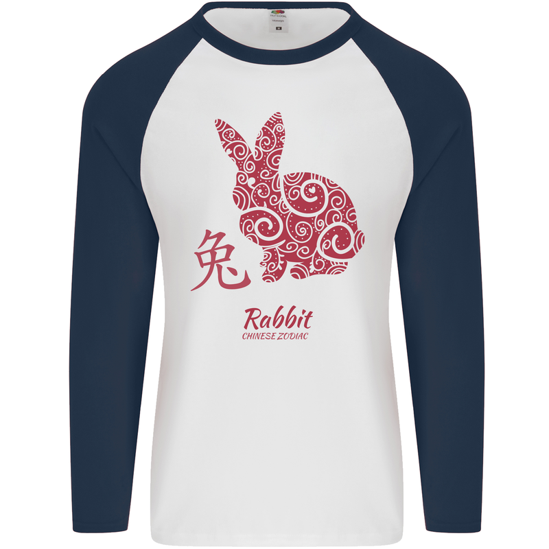 Chinese Zodiac Shengxiao Year of the Rabbit Mens L/S Baseball T-Shirt White/Navy Blue