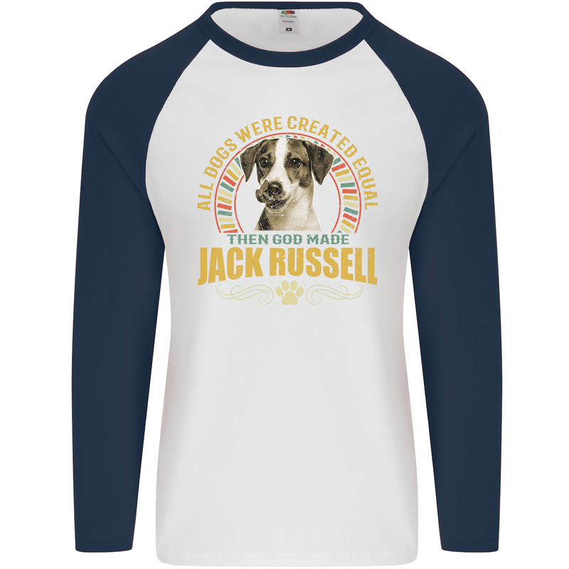 A Jack Russell Dog Mens L/S Baseball T-Shirt White/Navy Blue