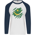 Torn Mauritania Flag Mauritanian Day Football Mens L/S Baseball T-Shirt White/Navy Blue