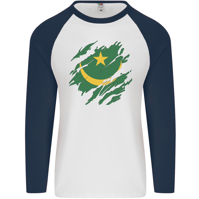 Torn Mauritania Flag Mauritanian Day Football Mens L/S Baseball T-Shirt White/Navy Blue