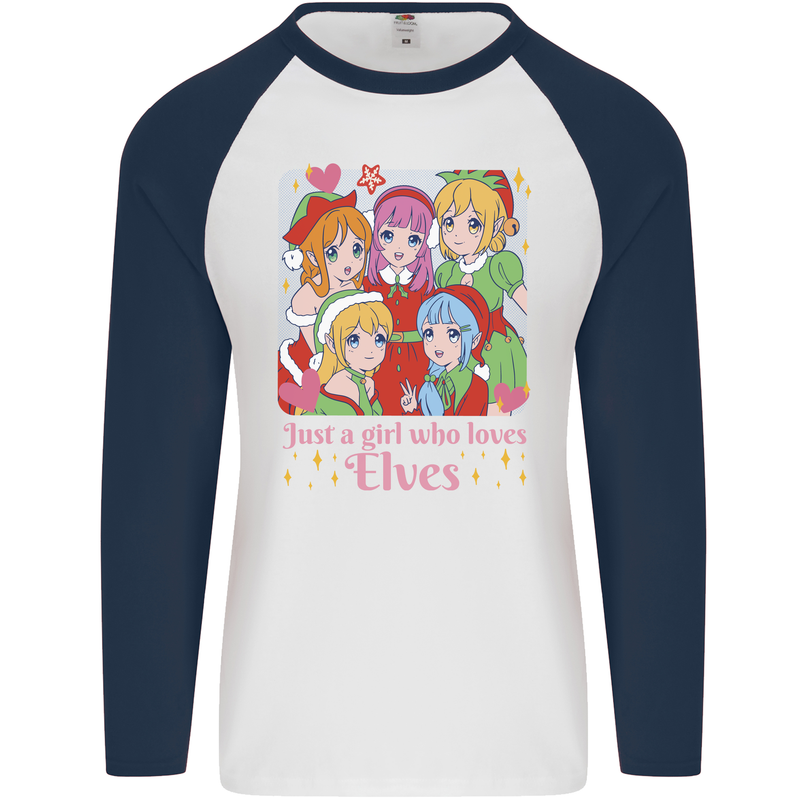 Anime A Girl Who Loves Elves Christmas Xmas Mens L/S Baseball T-Shirt White/Navy Blue