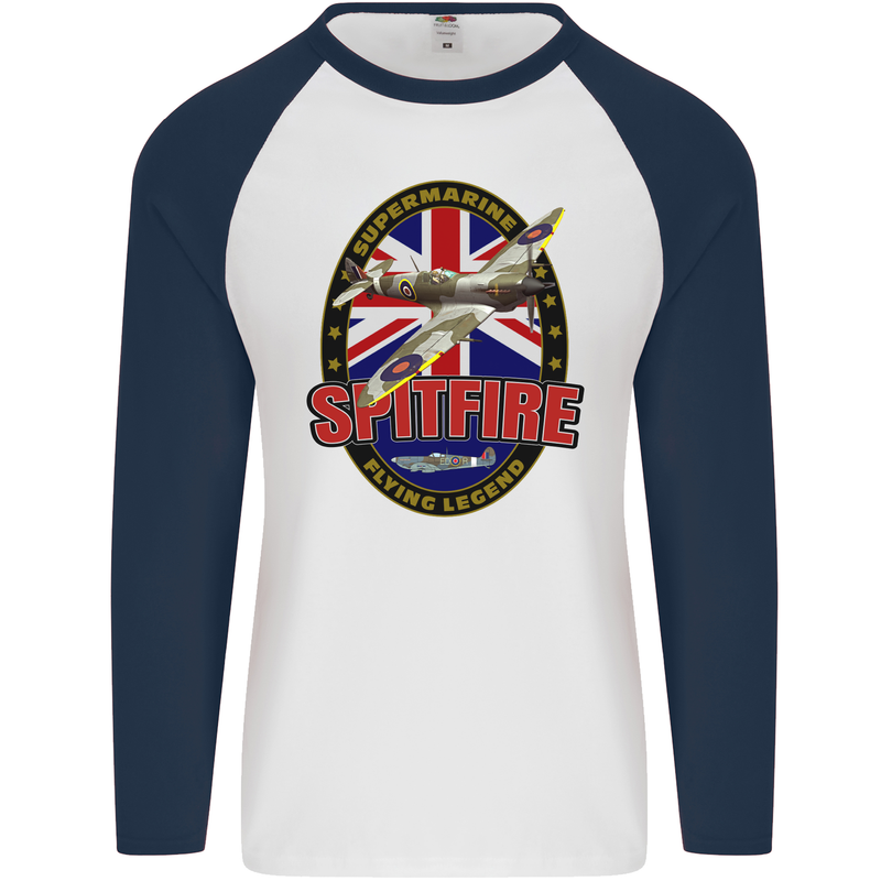 Supermarine Spitfire Flying Legend Mens L/S Baseball T-Shirt White/Navy Blue