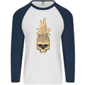 Pineapple Skull Gothic Biker Surfing Mens L/S Baseball T-Shirt White/Navy Blue