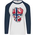 Gym Norwegian Flag Ripped Muscles Norway Mens L/S Baseball T-Shirt White/Navy Blue